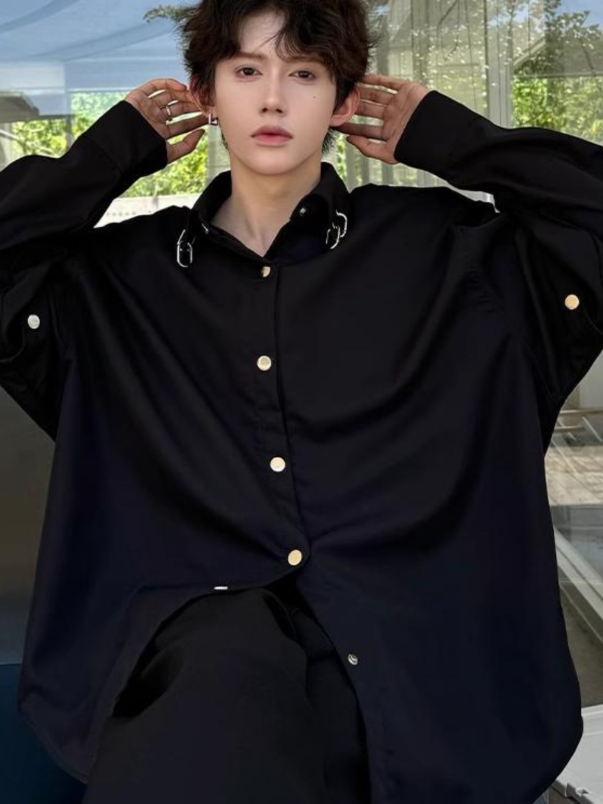 Black Long Sleeve Collared Men - Streetwear Brand Model review and price